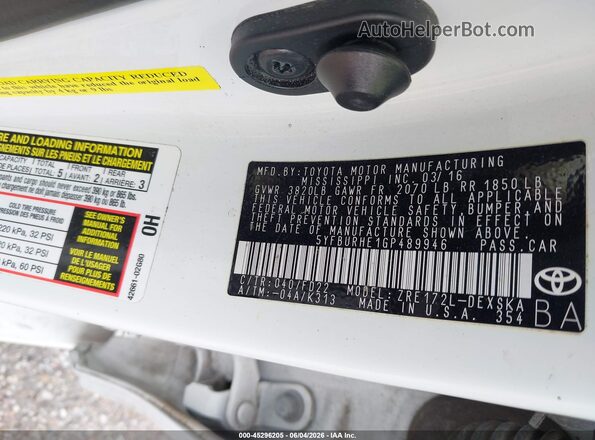 5YFBURHE1GP489946 2016 TOYOTA COROLLA Белый Вид подкапотного пространства