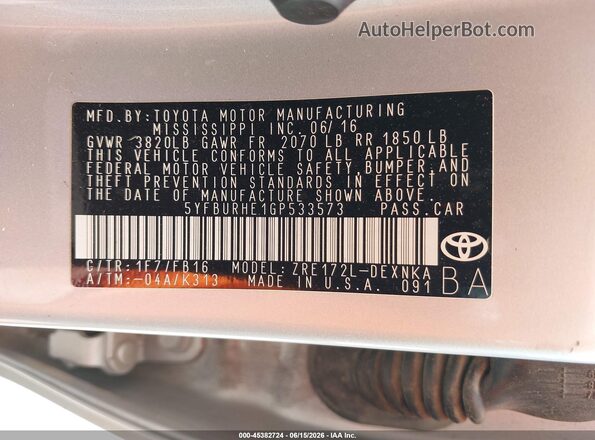 5YFBURHE1GP533573 2016 TOYOTA COROLLA Silver Вид підкапотного простору