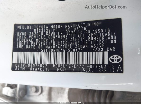 5YFBURHE1GP550471 2016 TOYOTA COROLLA White 