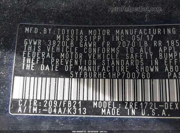 5YFBURHE1HP700760 2017 TOYOTA COROLLA Black Engine compartment view