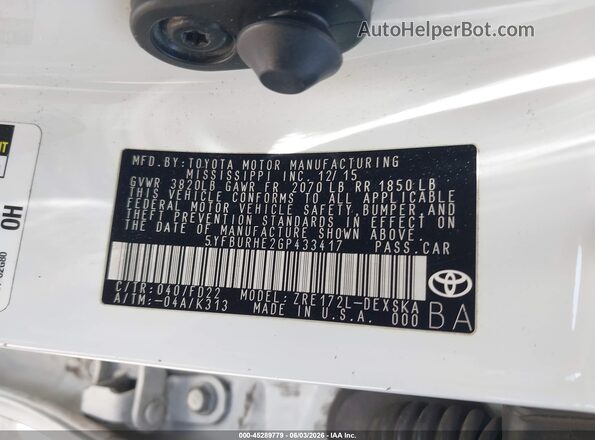 5YFBURHE2GP433417 2016 TOYOTA COROLLA White Engine compartment view