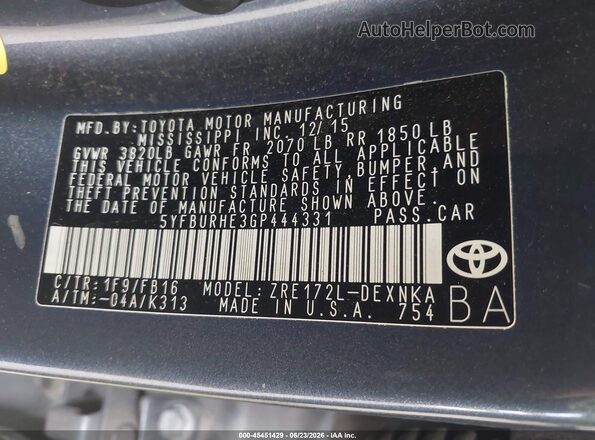 5YFBURHE3GP444331 2016 TOYOTA COROLLA Gray ძრავის განყოფილების ხედი