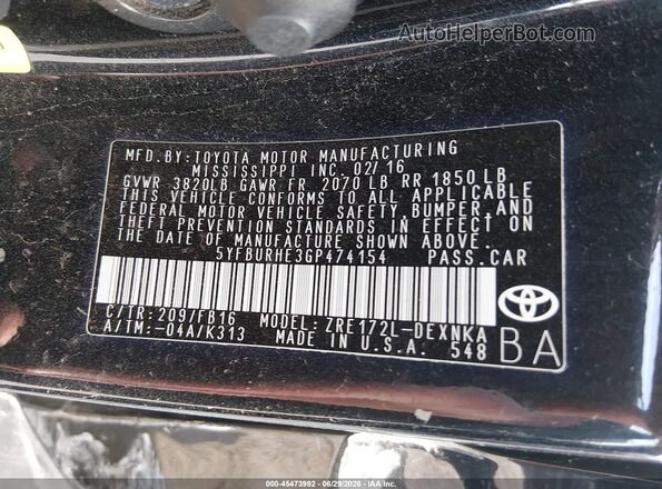 5YFBURHE3GP474154 2016 TOYOTA COROLLA Black ძრავის განყოფილების ხედი