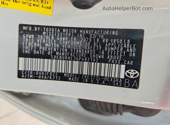 5YFBURHE3GP482142 2016 TOYOTA COROLLA White Engine compartment view