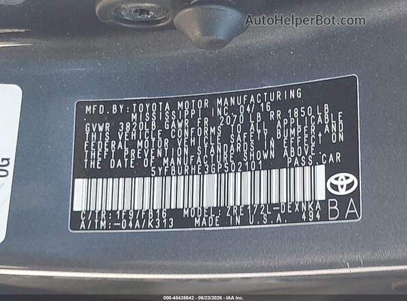 5YFBURHE3GP502101 2016 TOYOTA COROLLA Gray Вид підкапотного простору