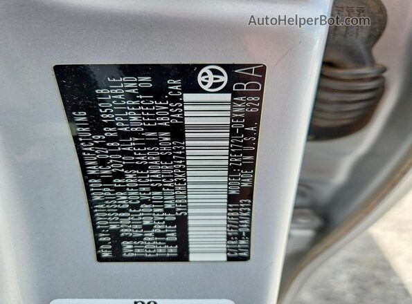 5YFBURHE3KP947432 2019 TOYOTA COROLLA Silver Вид наклейки з VIN-кодом