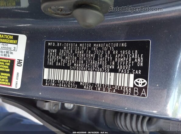 5YFBURHE4GP408759 2016 TOYOTA COROLLA Gray Engine compartment view