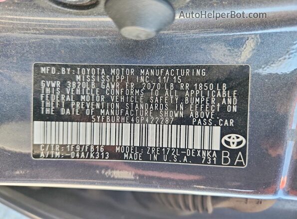 5YFBURHE4GP422287 2016 TOYOTA COROLLA Charcoal Շարժիչի բաժամունքի տեսք