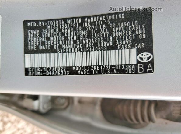 5YFBURHE4GP440658 2016 TOYOTA COROLLA Silver ძრავის განყოფილების ხედი