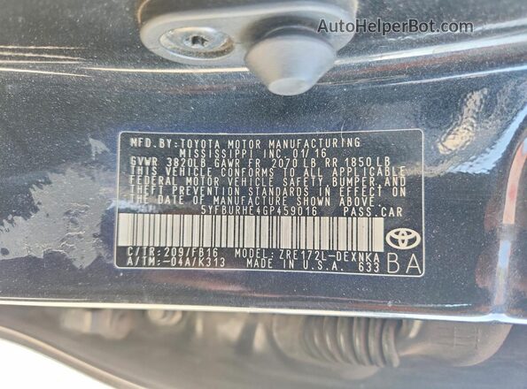 5YFBURHE4GP459016 2016 TOYOTA COROLLA Черный Вид наклейки с VIN-кодом