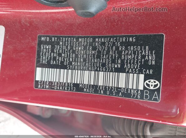 5YFBURHE4GP466371 2016 TOYOTA COROLLA Red Շարժիչի բաժամունքի տեսք