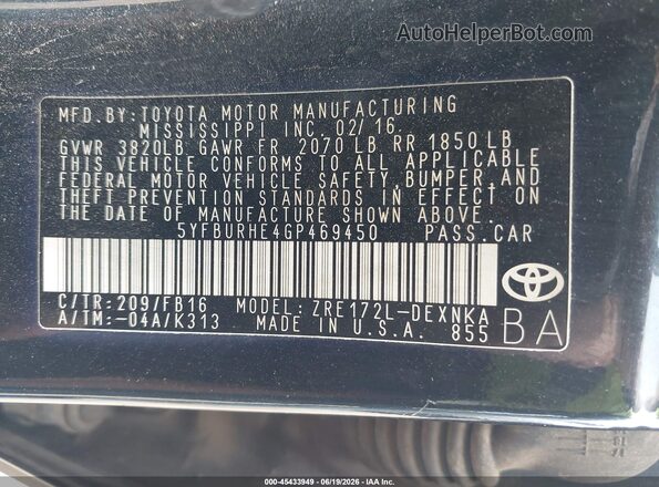 5YFBURHE4GP469450 2016 TOYOTA COROLLA Black Вид підкапотного простору