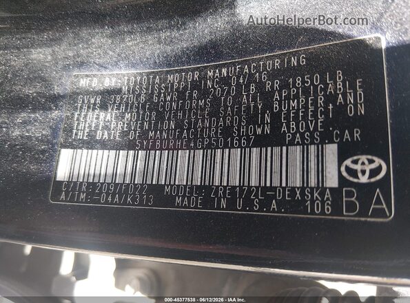 5YFBURHE4GP501667 2016 TOYOTA COROLLA Black 