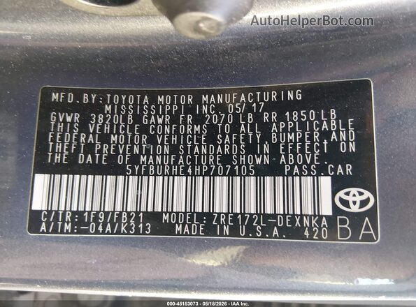 5YFBURHE4HP707105 2017 TOYOTA COROLLA Gray 