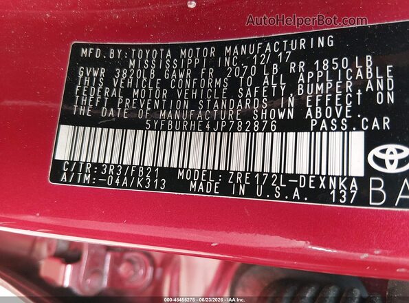 5YFBURHE4JP782876 2018 TOYOTA COROLLA Red Engine compartment view