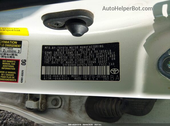 5YFBURHE4KP876189 2019 TOYOTA COROLLA White Widok komory silnika
