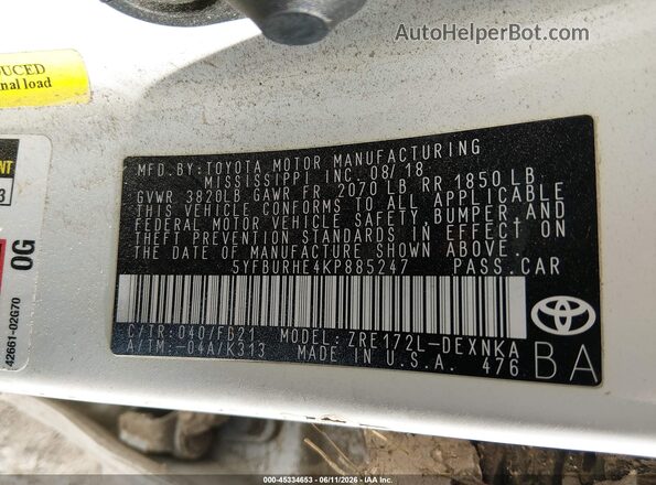 5YFBURHE4KP885247 2019 TOYOTA COROLLA White ძრავის განყოფილების ხედი