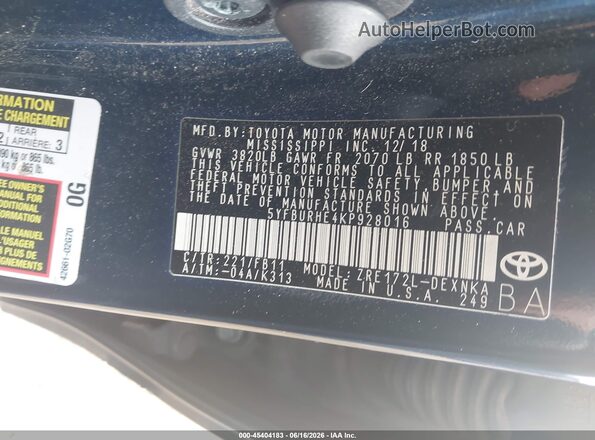 5YFBURHE4KP928016 2019 TOYOTA COROLLA Dark Blue Շարժիչի բաժամունքի տեսք
