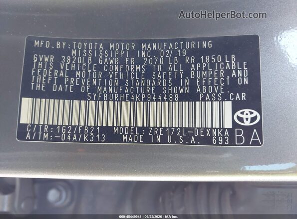 5YFBURHE4KP944488 2019 TOYOTA COROLLA Gray Շարժիչի բաժամունքի տեսք