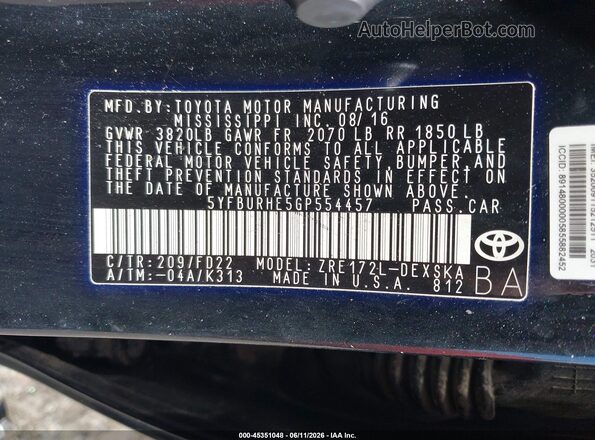 5YFBURHE5GP554457 2016 TOYOTA COROLLA Black Vista del compartimento del motor