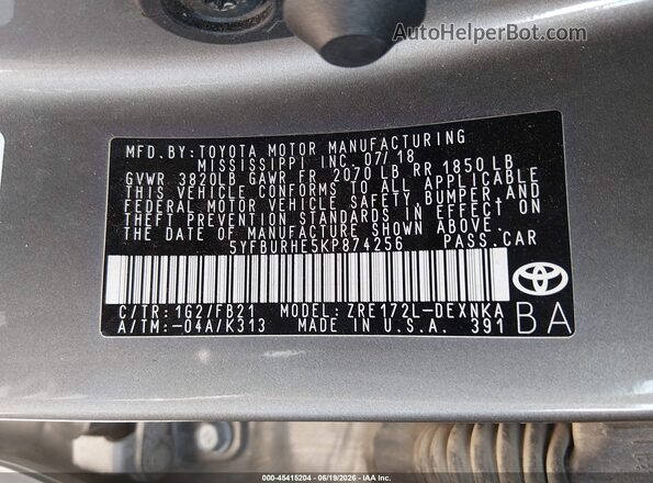 5YFBURHE5KP874256 2019 TOYOTA COROLLA Gray Widok komory silnika