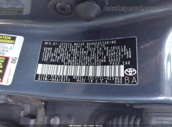 5YFBURHE6GP434540 2016 TOYOTA COROLLA Серый 