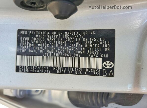 5YFBURHE6HP683003 2017 TOYOTA COROLLA Silver 