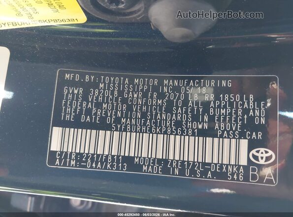 5YFBURHE6KP856381 2019 TOYOTA COROLLA Dark Blue Widok komory silnika