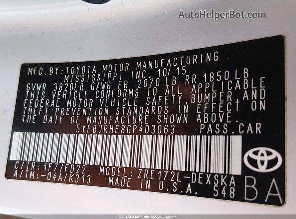 5YFBURHE8GP403063 2016 TOYOTA COROLLA Silver Вид підкапотного простору