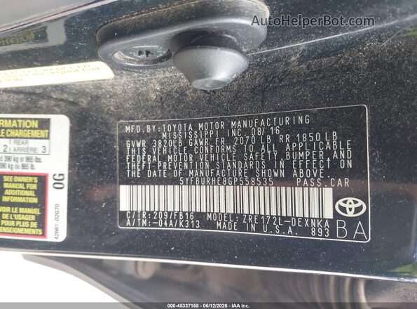 5YFBURHE8GP558535 2016 TOYOTA COROLLA Black Vista del compartimento del motor