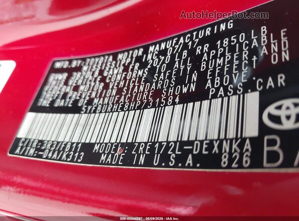 5YFBURHE8HP731584 2017 TOYOTA COROLLA Red Շարժիչի բաժամունքի տեսք