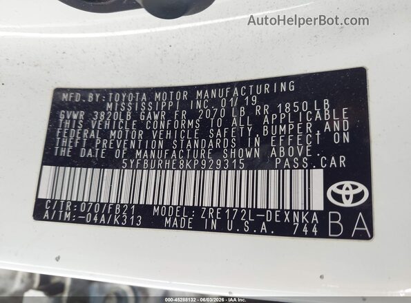 5YFBURHE8KP929315 2019 TOYOTA COROLLA White 
