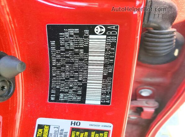 5YFBURHE9GP374852 2016 TOYOTA COROLLA Red Вид підкапотного простору