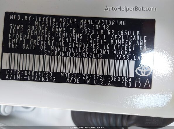 5YFBURHE9KP907002 2019 TOYOTA COROLLA White Շարժիչի բաժամունքի տեսք