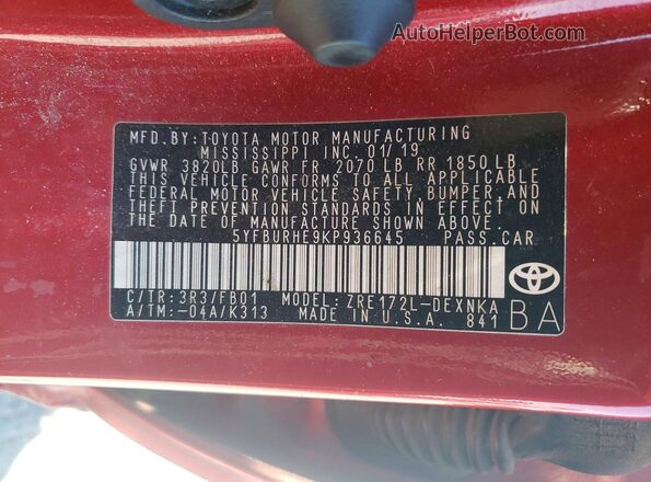 5YFBURHE9KP936645 2019 TOYOTA COROLLA Red Вид підкапотного простору