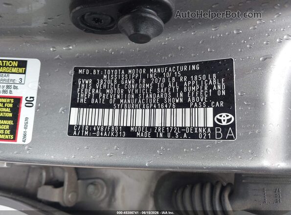 5YFBURHEXGP416476 2016 TOYOTA COROLLA Beige Вид підкапотного простору