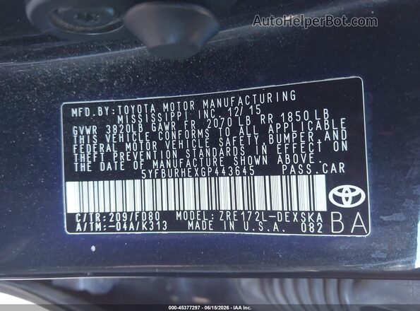 5YFBURHEXGP443645 2016 TOYOTA COROLLA Black Engine compartment view