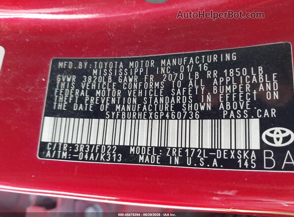 5YFBURHEXGP460736 2016 TOYOTA COROLLA Red ძრავის განყოფილების ხედი