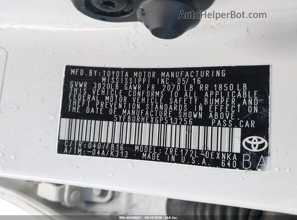 5YFBURHEXGP513256 2016 TOYOTA COROLLA Белый 
