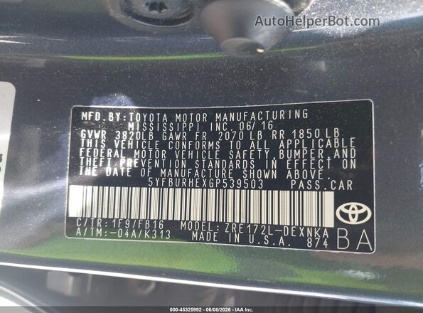5YFBURHEXGP539503 2016 TOYOTA COROLLA Синий 