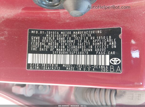 5YFBURHEXGP548878 2016 TOYOTA COROLLA Красный Вид подкапотного пространства