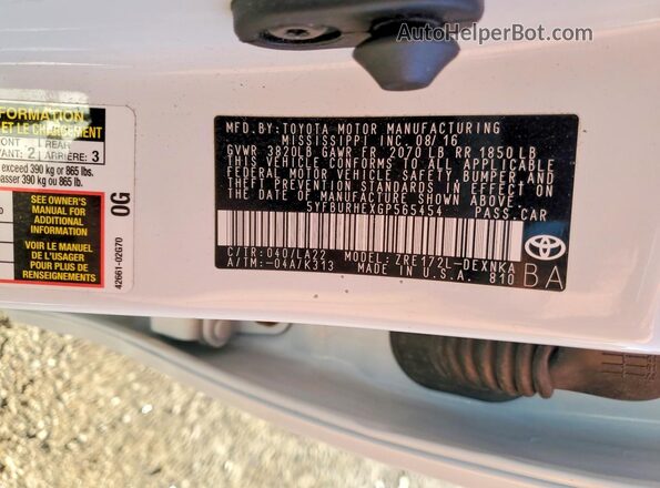 5YFBURHEXGP565454 2016 TOYOTA COROLLA White ძრავის განყოფილების ხედი