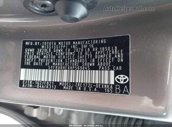 5YFBURHEXHP569845 2017 TOYOTA COROLLA Серый Вид подкапотного пространства
