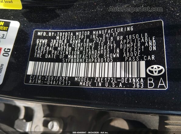 5YFBURHEXHP680105 2017 TOYOTA COROLLA Black Вид підкапотного простору