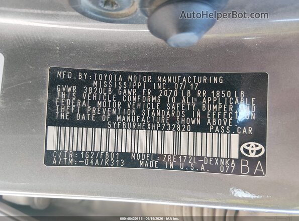 5YFBURHEXHP732820 2017 TOYOTA COROLLA Gray Շարժիչի բաժամունքի տեսք