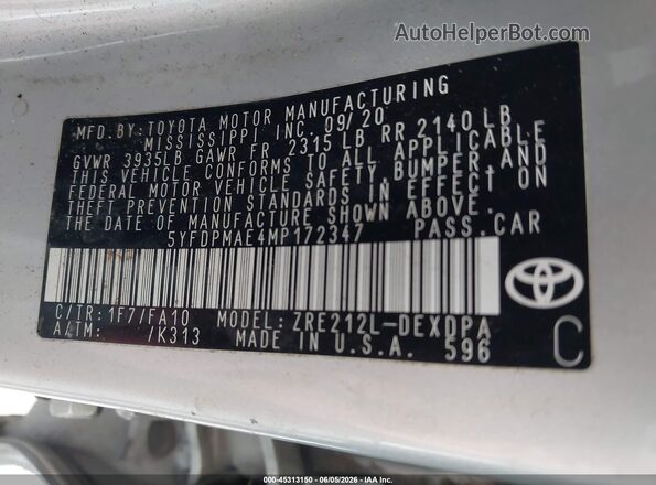 5YFDPMAE4MP172347 2021 TOYOTA COROLLA Silver Вид підкапотного простору