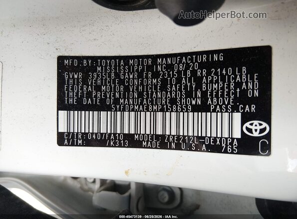 5YFDPMAE8MP158659 2021 TOYOTA COROLLA White Engine compartment view
