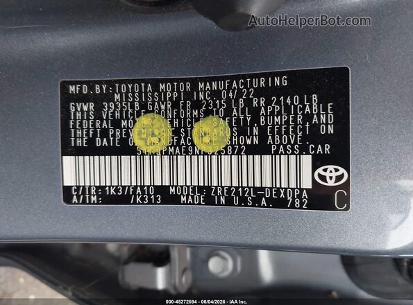5YFDPMAE9NP325872 2022 TOYOTA COROLLA Blue Vista del compartimento del motor