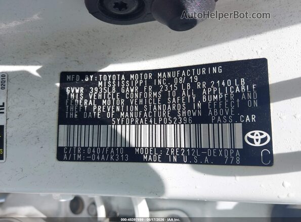 5YFDPRAE4LP052396 2020 TOYOTA COROLLA White Engine compartment view