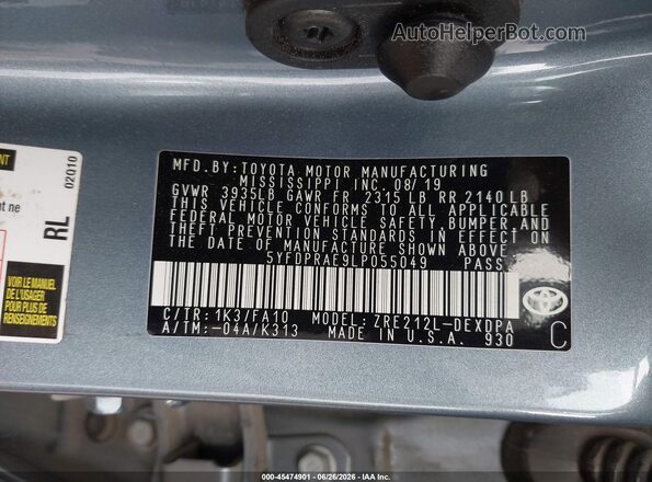 5YFDPRAE9LP055049 2020 TOYOTA COROLLA Blue Engine compartment view